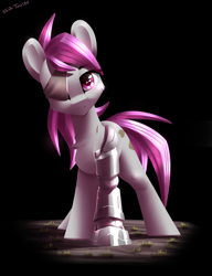 Size: 2300x3000 | Tagged: safe, artist:shido-tara, oc, oc:hired gun, oc:silver storm, species:earth pony, species:pony, fallout equestria, amputee, augmented, biohacking, cutie mark, eyepatch, female, high res, mare, metal leg, prosthetic limb, prosthetics, solo