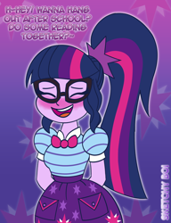 Size: 2000x2600 | Tagged: safe, artist:snakeythingy, character:twilight sparkle, character:twilight sparkle (scitwi), species:eqg human, g4, my little pony: equestria girls, my little pony:equestria girls, adorkable, arm behind back, blushing, blushlight sparkle, clothing, cute, dialogue, dork, dress, eyes closed, female, glasses, neck bow, open mouth, ponytail, shy, simple background, solo, story included, transparent background, twiabetes