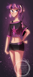 Size: 685x1600 | Tagged: safe, artist:manella-art, character:twilight sparkle, species:human, clothing, denim shorts, eyebrows, eyebrows visible through hair, female, freckles, hand on hip, happy, humanized, looking at you, multicolored hair, purple eyes, shirt, shorts, smiling, smiling at you, solo, watermark
