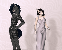 Size: 1600x1300 | Tagged: safe, artist:dementra369, oc, oc only, oc:ruby drop, species:anthro, species:pony, accessories, blushing, clothing, dress, fangs, female, looking at each other, looking at you, mare, piercing
