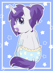 Size: 2981x4000 | Tagged: safe, artist:partylikeanartist, oc, oc:indigo wire, species:pony, species:unicorn, back, crying, diaper, dock, dummy, female, filly, foal, from behind, gradient hooves, looking at you, looking back, looking back at you, pacifier, ponytail, rear view, simple background, sitting, solo, teary eyes, wingding eyes