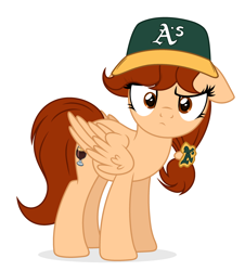 Size: 2913x3228 | Tagged: safe, artist:rioshi, artist:starshade, oc, oc only, oc:vanilla creame, species:pegasus, species:pony, alcohol, baseball cap, beer, cap, clothing, curious, hat, oakland athletics, shadow, simple background, solo