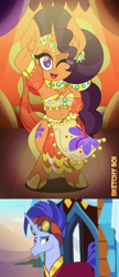 Size: 2400x5570 | Tagged: safe, artist:snakeythingy, edit, edited screencap, screencap, character:hoo'far, character:saffron masala, episode:on the road to friendship, belly dancer, belly dancer outfit, bipedal, dancer, female, harem outfit, looking at you, male, one eye closed, robe, saf'far, shipping, straight, the tasty treat, wink, winking at you