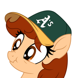 Size: 3583x3589 | Tagged: safe, artist:rioshi, artist:starshade, oc, oc only, oc:vanilla creame, species:pegasus, species:pony, alcohol, baseball cap, beer, cap, clothing, curious, hat, oakland athletics, shadow, simple background, solo