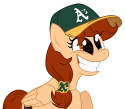 Size: 2201x1930 | Tagged: safe, artist:rioshi, artist:starshade, oc, oc only, oc:vanilla creame, species:pegasus, species:pony, alcohol, baseball cap, beer, cap, clothing, curious, hat, oakland athletics, shadow, simple background, solo