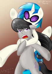 Size: 1024x1449 | Tagged: safe, artist:wrath-marionphauna, character:dj pon-3, character:octavia melody, character:vinyl scratch, species:earth pony, species:pony, species:unicorn, ship:scratchtavia, angry, female, hug, jumping, lesbian, open mouth, shipping, sunglasses, surprise hug