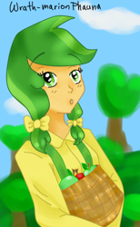 Size: 330x535 | Tagged: safe, artist:wrath-marionphauna, character:apple fritter, species:human, apple, apple family member, clothing, female, food, humanized, looking at you, pigtails, shirt, solo, surprised