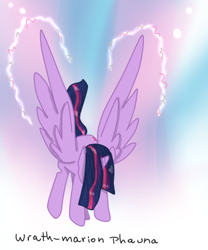 Size: 360x432 | Tagged: safe, artist:wrath-marionphauna, character:twilight sparkle, character:twilight sparkle (alicorn), species:alicorn, species:pony, abstract background, digital art, female, hair over face, head down, raised tail, signature, solo, tail, wings