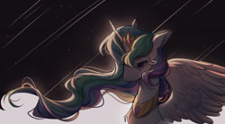 Size: 2000x1100 | Tagged: safe, artist:leafywind, character:princess celestia, species:alicorn, species:pony, bust, chest fluff, female, mare, portrait, shooting star, solo, spread wings, stars, wings