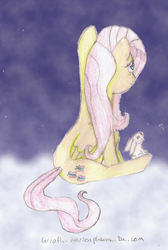 Size: 862x1285 | Tagged: safe, artist:wrath-marionphauna, character:angel bunny, character:fluttershy, species:pegasus, species:pony, back, cloud, night