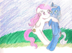 Size: 1331x989 | Tagged: safe, artist:wrath-marionphauna, character:princess celestia, character:princess luna, species:alicorn, species:pony, bipedal, blushing, colored pencil drawing, female, hug, pink-mane celestia, proud, s1 luna, scan, scanned, siblings, simple background, sisterhood, sisters, smiling, traditional art, young celestia, young luna