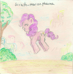 Size: 1615x1637 | Tagged: safe, artist:wrath-marionphauna, character:derpy hooves, character:minuette, character:pinkie pie, colored pencil drawing, crayon drawing, jumping, ponyville, traditional art