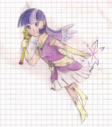 Size: 1198x1369 | Tagged: safe, artist:wrath-marionphauna, character:twilight sparkle, species:alicorn, species:human, species:pony, boots, clothing, colored pencil drawing, coronation dress, dress, female, horn, humanized, jumping, magic, magical, magical girl, scepter, shield, shoes, smiling, solo, traditional art, twilight scepter, wings