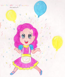 Size: 2257x2657 | Tagged: safe, artist:wrath-marionphauna, character:pinkie pie, species:human, balloon, chibi, clothing, colored pencil drawing, colorful, confetti, dress, female, humanized, shoes, smiling, solo, streamers, traditional art