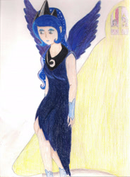 Size: 1656x2248 | Tagged: safe, artist:wrath-marionphauna, character:princess celestia, character:princess luna, character:twilight sparkle, species:human, canterlot, castle, clothing, colored pencil drawing, crown, dress, gloves, humanized, jewelry, makeup, regalia, sad, scan, scanned, shoes, traditional art, wings