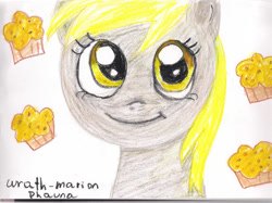 Size: 1024x767 | Tagged: safe, artist:wrath-marionphauna, character:derpy hooves, crayon drawing, cute, female, food, muffin, smiling, solo, traditional art
