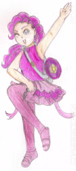 Size: 1637x3661 | Tagged: safe, artist:wrath-marionphauna, character:pinkie pie, species:human, clothing, colored pencil drawing, female, humanized, one eye closed, party cannon, skirt, smiling, solo, traditional art, wink