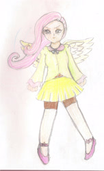 Size: 1910x3139 | Tagged: safe, artist:wrath-marionphauna, character:fluttershy, species:human, angry, blouse, clothing, colored pencil drawing, humanized, shoes, skirt, traditional art, wings