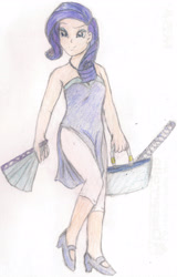 Size: 1961x3058 | Tagged: safe, artist:wrath-marionphauna, character:rarity, species:human, bag, clothing, colored pencil drawing, dress, fan, female, humanized, jewelry, katana, makeup, necklace, purse, smiling, solo, sword, traditional art, weapon