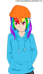 Size: 402x695 | Tagged: safe, artist:wrath-marionphauna, character:rainbow dash, species:human, cap, clothing, digital art, female, hat, hoodie, humanized, simple background, solo, transparent background