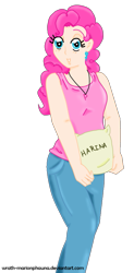 Size: 481x981 | Tagged: safe, artist:wrath-marionphauna, character:pinkie pie, species:human, clothing, digital art, ear piercing, earring, female, flour, harina, humanized, jeans, jewelry, looking at you, necklace, pants, piercing, simple background, smiling, solo, spanish, transparent background