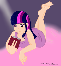 Size: 635x677 | Tagged: safe, artist:wrath-marionphauna, character:twilight sparkle, species:human, bed, book, digital art, female, humanized, reading, smiling, solo