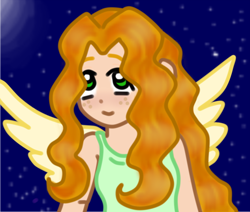 Size: 1170x990 | Tagged: safe, artist:wrath-marionphauna, oc, oc only, oc:feather, species:human, cute, digital art, freckles, humanized, meta, moon, night, pegasister, smiling, solo, wings