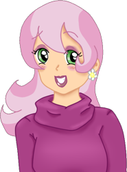 Size: 414x560 | Tagged: safe, artist:wrath-marionphauna, character:cheerilee, species:human, blushing, clothing, digital art, ear piercing, earring, female, humanized, jewelry, lipstick, makeup, piercing, simple background, smiling, solo, sweater, transparent background