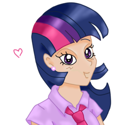 Size: 421x439 | Tagged: safe, artist:wrath-marionphauna, character:twilight sparkle, species:human, blushing, clothing, digital art, ear piercing, earring, female, heart, humanized, jewelry, necktie, piercing, shirt, simple background, smiling, solo, transparent background