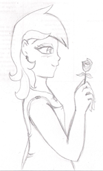 Size: 719x1199 | Tagged: safe, artist:wrath-marionphauna, character:roseluck, species:human, blushing, clothing, deviantart watermark, dress, ear piercing, earring, female, flower, humanized, jewelry, makeup, necklace, obtrusive watermark, pencil drawing, piercing, rose, smiling, solo, traditional art, watermark