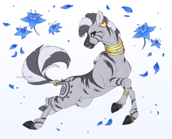 Size: 1600x1300 | Tagged: safe, artist:dementra369, character:zecora, species:pony, species:zebra, accessories, bracelet, ear piercing, earring, female, flower, hoers, jewelry, mare, neck rings, piercing, poison joke, realistic, ring, simple background, solo, tail, tail ring
