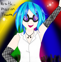 Size: 549x558 | Tagged: safe, artist:wrath-marionphauna, character:dj pon-3, character:vinyl scratch, species:human, my little pony:equestria girls, clothing, digital art, disco, female, glasses, humanized, jewelry, necklace, open mouth, party, shirt, smiling, solo, t-shirt, waving