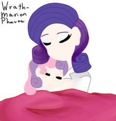 Size: 443x463 | Tagged: safe, artist:wrath-marionphauna, character:rarity, character:sweetie belle, species:human, my little pony:equestria girls, belle sisters, blanket, clothing, digital art, eyes closed, humanized, makeup, mama rarity, open mouth, simple background, sleeping