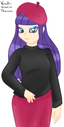 Size: 299x595 | Tagged: safe, artist:wrath-marionphauna, character:rarity, species:human, becoming popular, beret, clothing, digital art, female, hat, humanized, looking at you, makeup, simple background, skirt, smiling, solo, sweater, transparent background