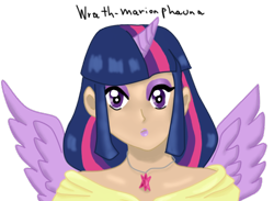 Size: 562x412 | Tagged: safe, artist:wrath-marionphauna, character:twilight sparkle, species:alicorn, species:human, species:pony, digital art, female, horn, horned humanization, humanized, jewelry, makeup, necklace, simple background, solo, transparent background, winged humanization, wings