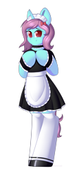 Size: 2508x5616 | Tagged: safe, artist:xcinnamon-twistx, oc, oc:baby bottle, apron, bracelet, clothing, commission, cute, jewelry, lace, looking at you, maid, maid headdress, shoes, socks, stockings, thigh highs, your character here