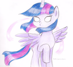 Size: 2554x2349 | Tagged: safe, artist:wrath-marionphauna, character:twilight sparkle, character:twilight sparkle (alicorn), species:alicorn, species:pony, episode:magical mystery cure, g4, my little pony: friendship is magic, colored pencil drawing, female, magic, scene interpretation, solo, traditional art, white eyes