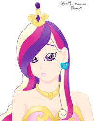 Size: 421x535 | Tagged: safe, artist:wrath-marionphauna, character:princess cadance, species:human, clothing, corset, crown, digital art, ear piercing, earring, female, humanized, jewelry, piercing, regalia, simple background, solo, worried