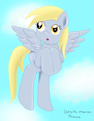 Size: 661x853 | Tagged: safe, artist:wrath-marionphauna, character:derpy hooves, cloud, digital art, female, flying, solo, surprised