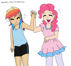 Size: 762x711 | Tagged: safe, artist:wrath-marionphauna, character:pinkie pie, character:rainbow dash, species:human, clothing, digital art, dress, female, humanized, simple background, smiling, solo