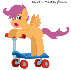 Size: 503x495 | Tagged: safe, artist:wrath-marionphauna, character:scootaloo, species:pegasus, species:pony, digital art, female, missing cutie mark, open mouth, scooter, solo