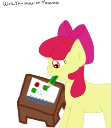 Size: 511x585 | Tagged: safe, artist:wrath-marionphauna, character:apple bloom, bow, digital art, drawing, female, hair bow, pencil, simple background, solo, table