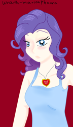 Size: 372x648 | Tagged: safe, artist:wrath-marionphauna, character:rarity, species:human, alternate hairstyle, blushing, clothing, dress, female, humanized, jewelry, necklace, solo, waking up