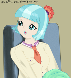 Size: 527x577 | Tagged: safe, artist:wrath-marionphauna, character:coco pommel, species:human, fabric, female, hairpin, humanized, lipstick, sitting, solo