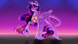 Size: 5750x3240 | Tagged: safe, artist:ohhoneybee, character:twilight sparkle, character:twilight sparkle (alicorn), species:alicorn, species:pony, episode:the last problem, g4, my little pony: friendship is magic, cloven hooves, crown, female, folded wings, high res, hoof fluff, jewelry, long tail, mare, night, peytral, princess twilight 2.0, raised hoof, regalia, solo, unshorn fetlocks, wings