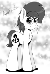 Size: 3000x4400 | Tagged: safe, artist:aarondrawsarts, oc, oc:brain teaser, species:earth pony, species:pony, chest fluff, looking at you, male, manga, manga style, sparkles