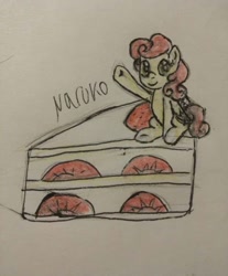 Size: 600x725 | Tagged: safe, artist:wrath-marionphauna, character:strawberry sunrise, species:pegasus, species:pony, cake, colored pencil drawing, female, food, sketch, smiling, solo, traditional art, waving