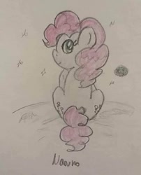 Size: 640x792 | Tagged: safe, artist:wrath-marionphauna, character:pinkie pie, colored pencil drawing, female, here on the moon, looking at you, moon, night, solo, song reference, stars, traditional art