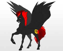 Size: 1600x1300 | Tagged: safe, artist:dementra369, oc, oc only, oc:dark star, species:alicorn, species:pony, alicorn oc, fangs, horn, male alicorn oc, raised hoof, red and black oc, red eyes, red mane, smiling, smirk, solo, spread wings, wings