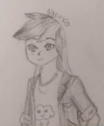 Size: 414x499 | Tagged: safe, artist:wrath-marionphauna, character:rainbow dash, species:human, female, humanized, pencil drawing, sketch, smiling, solo, traditional art